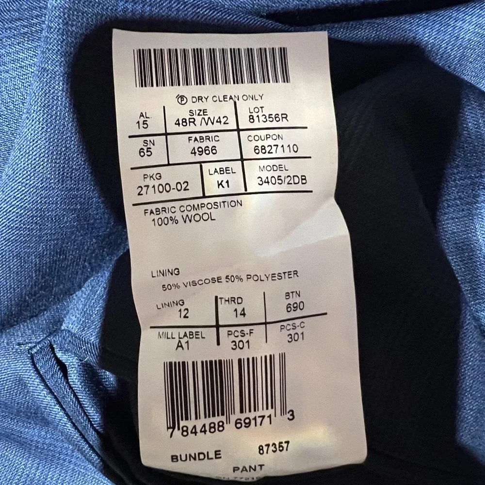 Jos. A. Bank Reserve Navy Blue Glen Plaid 100% Wool Suit 48R W42 3405/2DB